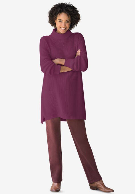 Waffle Knit Turtleneck Sweater, DEEP CLARET, hi-res image number null
