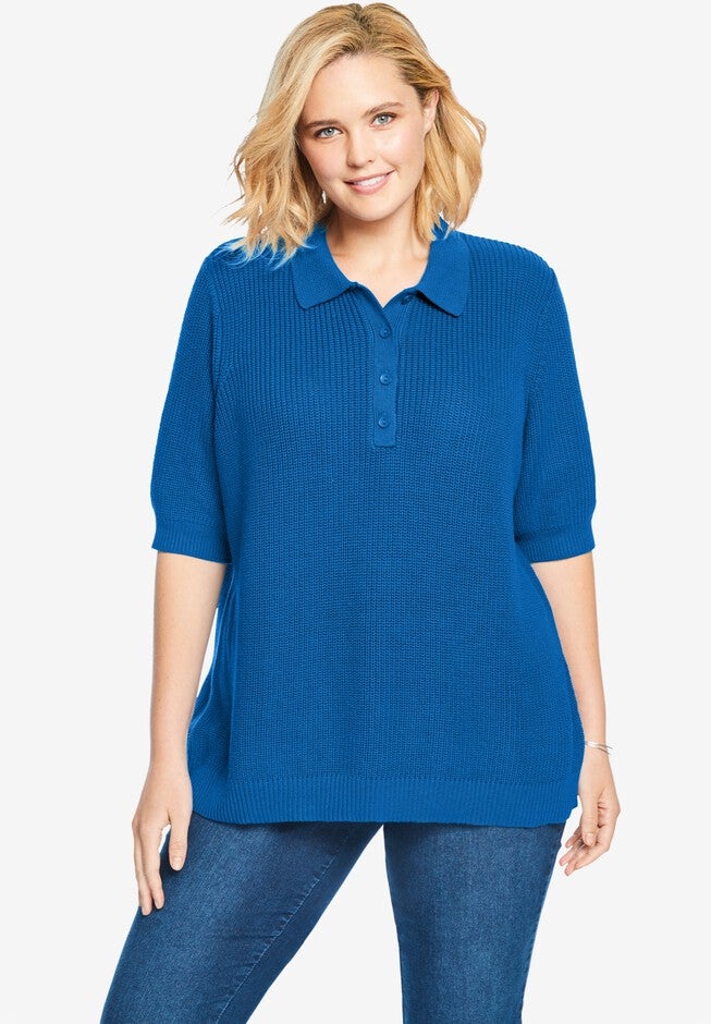 Elbow-Sleeve Polo Shaker Sweater, BRIGHT COBALT, hi-res image number null