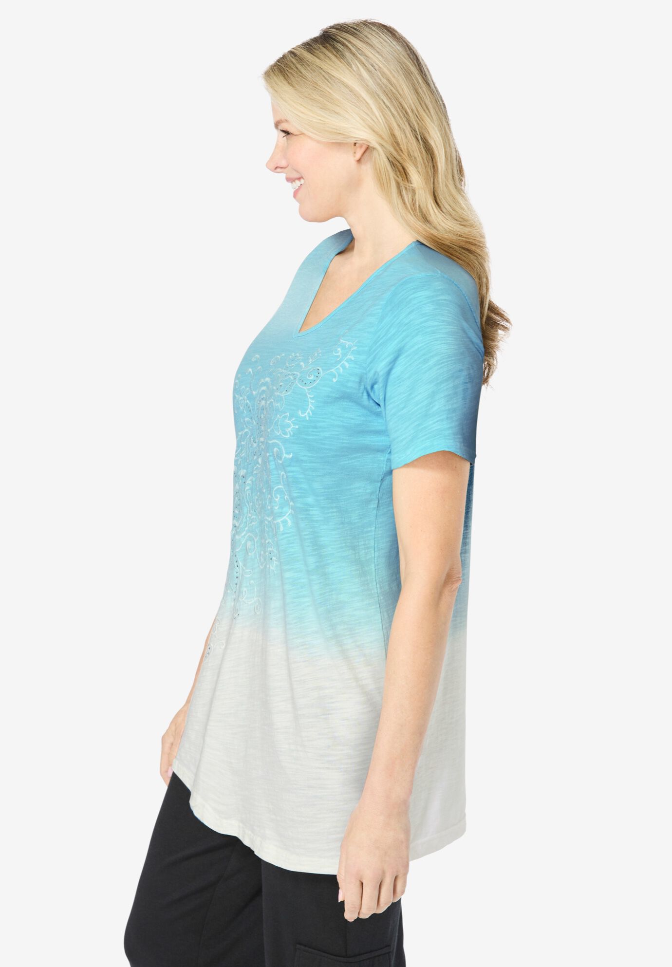 Short-Sleeve V-Neck Embroidered Dip Dye Tunic, SEAMIST BLUE OMBRE, alternate image number 2
