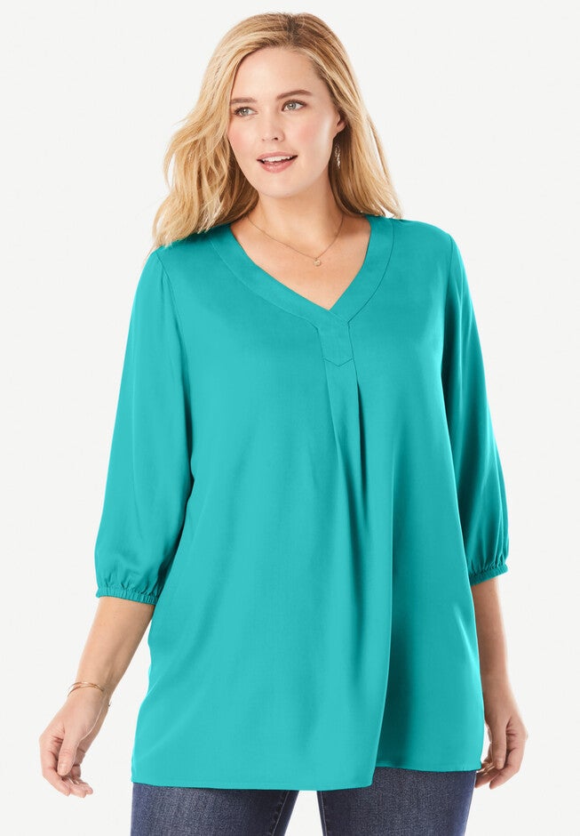 Three-Quarter Sleeve Pleat-Front Tunic, , alternate image number 1