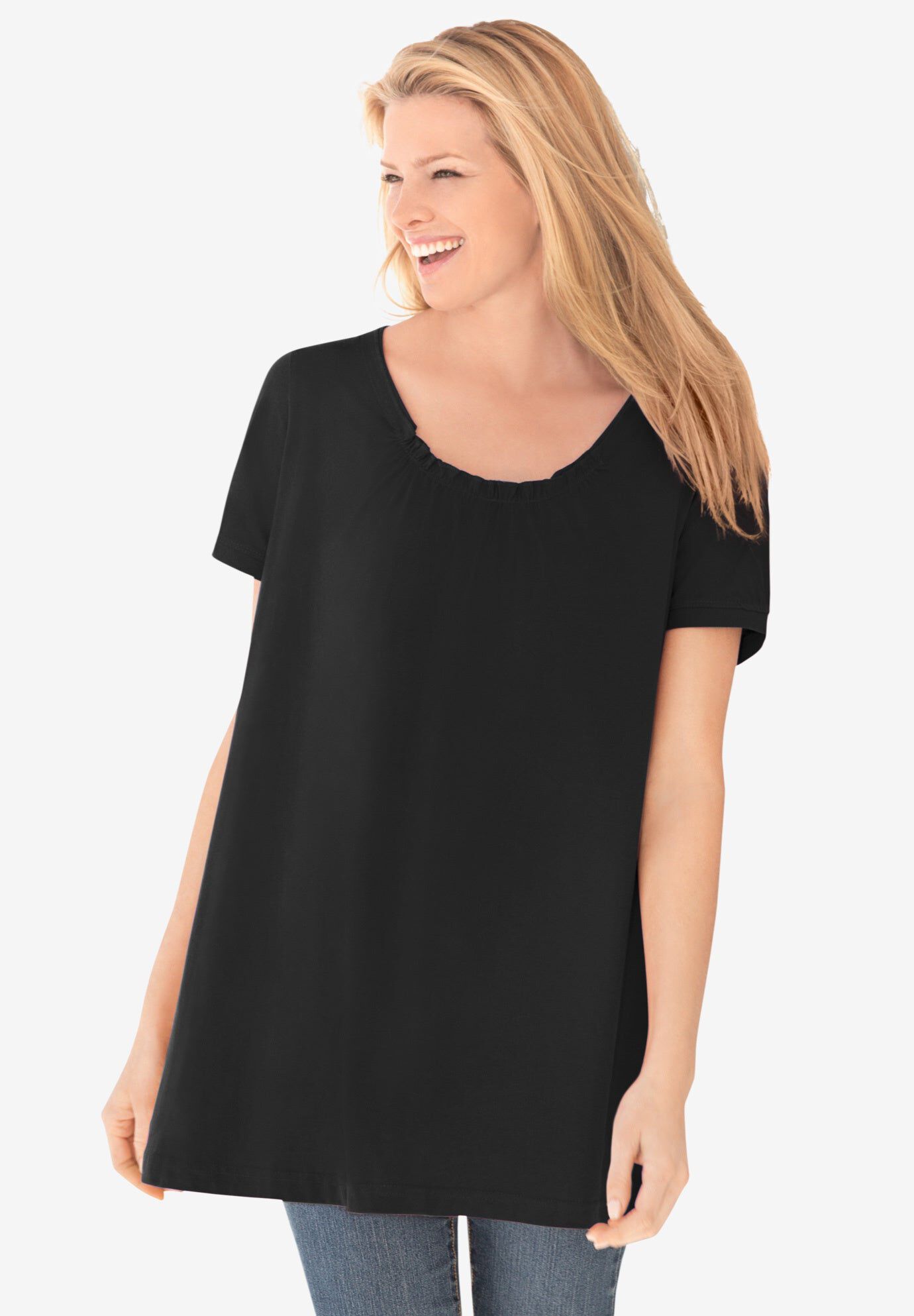 Perfect Short-Sleeve Shirred U-Neck Tunic, BLACK, hi-res image number 0