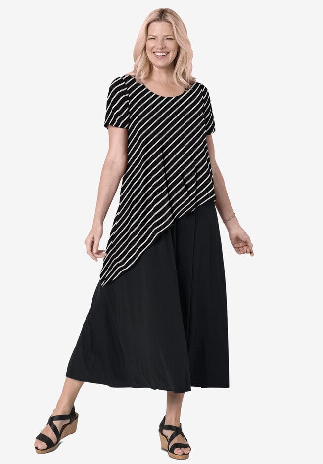 Asymmetric knit popover dress, BLACK STRIPE, hi-res image number null