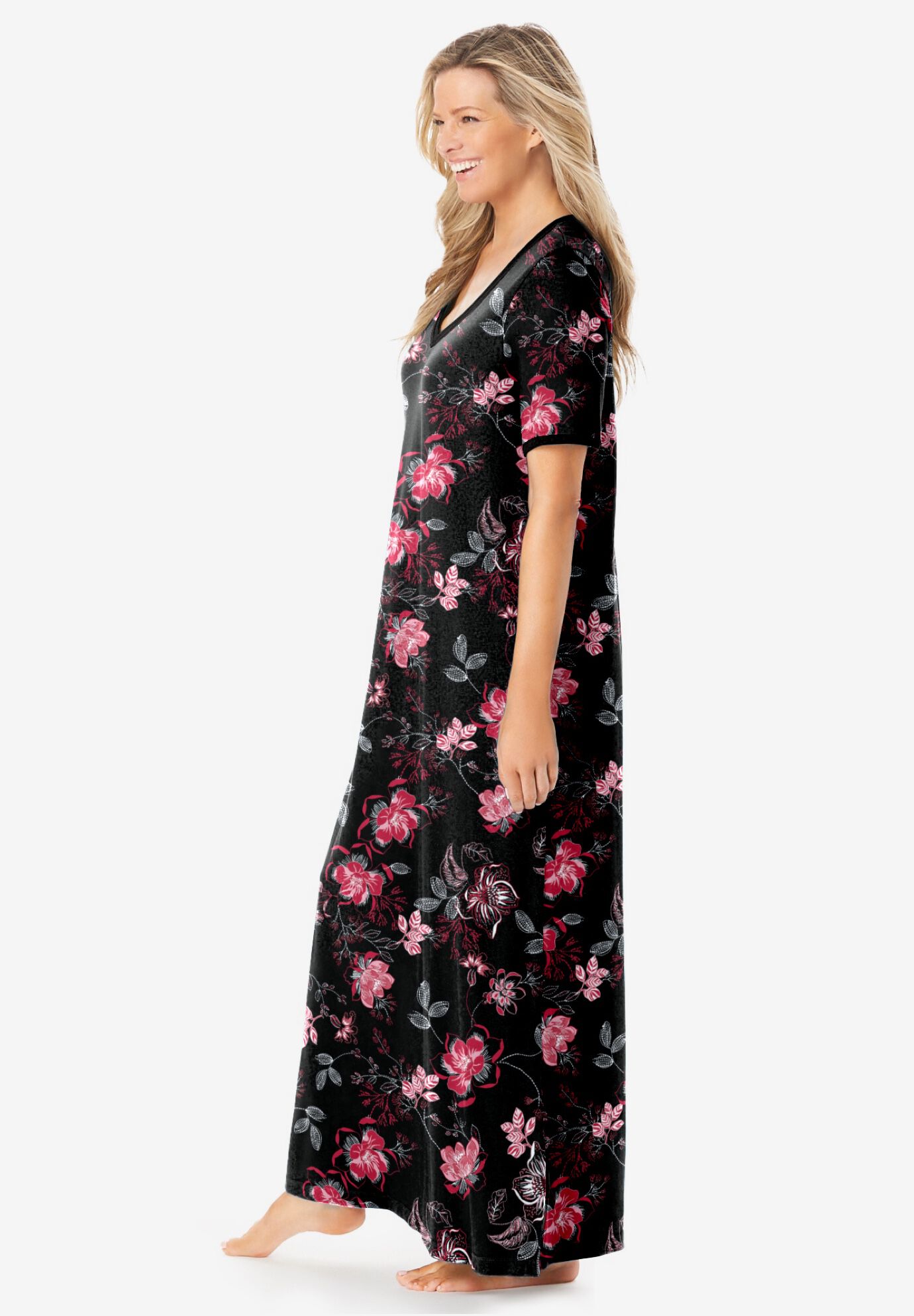 V-Neck Short Sleeve Maxi T-Shirt Lounger, BLACK BOUQUET, alternate image number 2