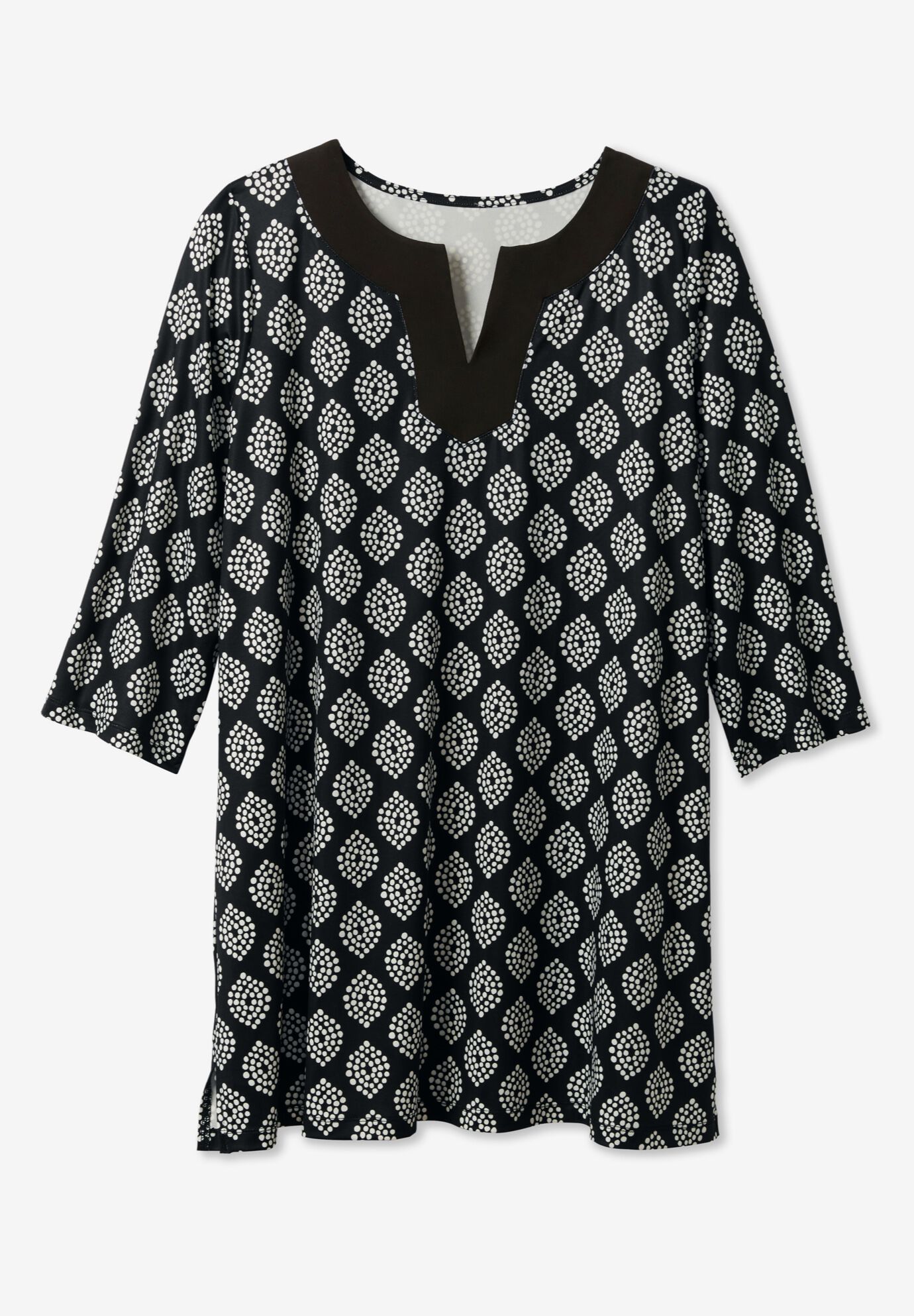 Contrast Notch-Neck Three-Quarter Sleeve Knit Tunic, , alternate image number 2