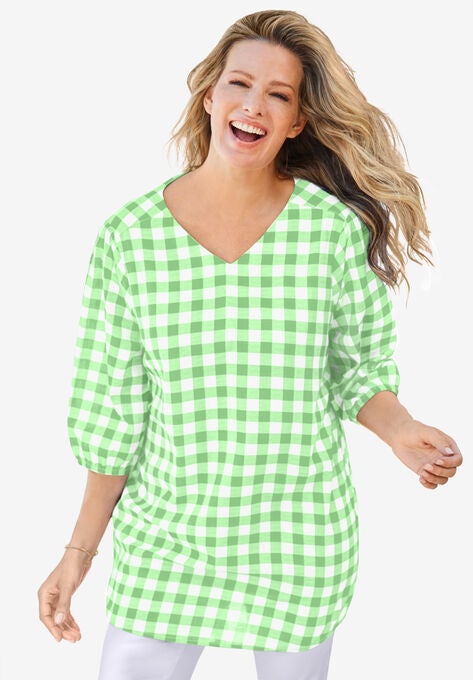 V-Neck Gingham Shirt., PISTACHIO GINGHAM, hi-res image number null
