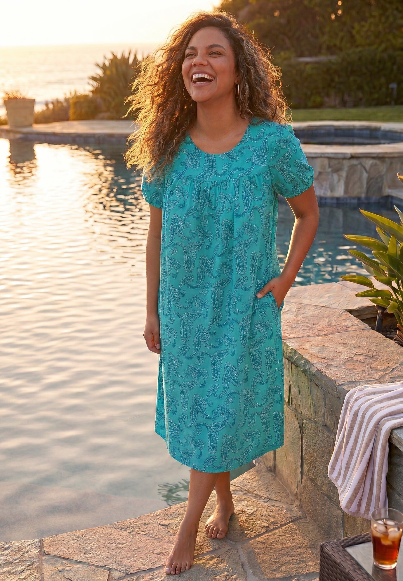 Short Print Shirred Lounger, WATERFALL PAISLEY, hi-res image number 0