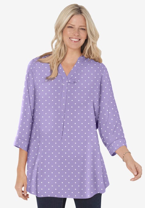 Three-Quarter Sleeve Tab-Front Tunic, SOFT IRIS DOT, hi-res image number null
