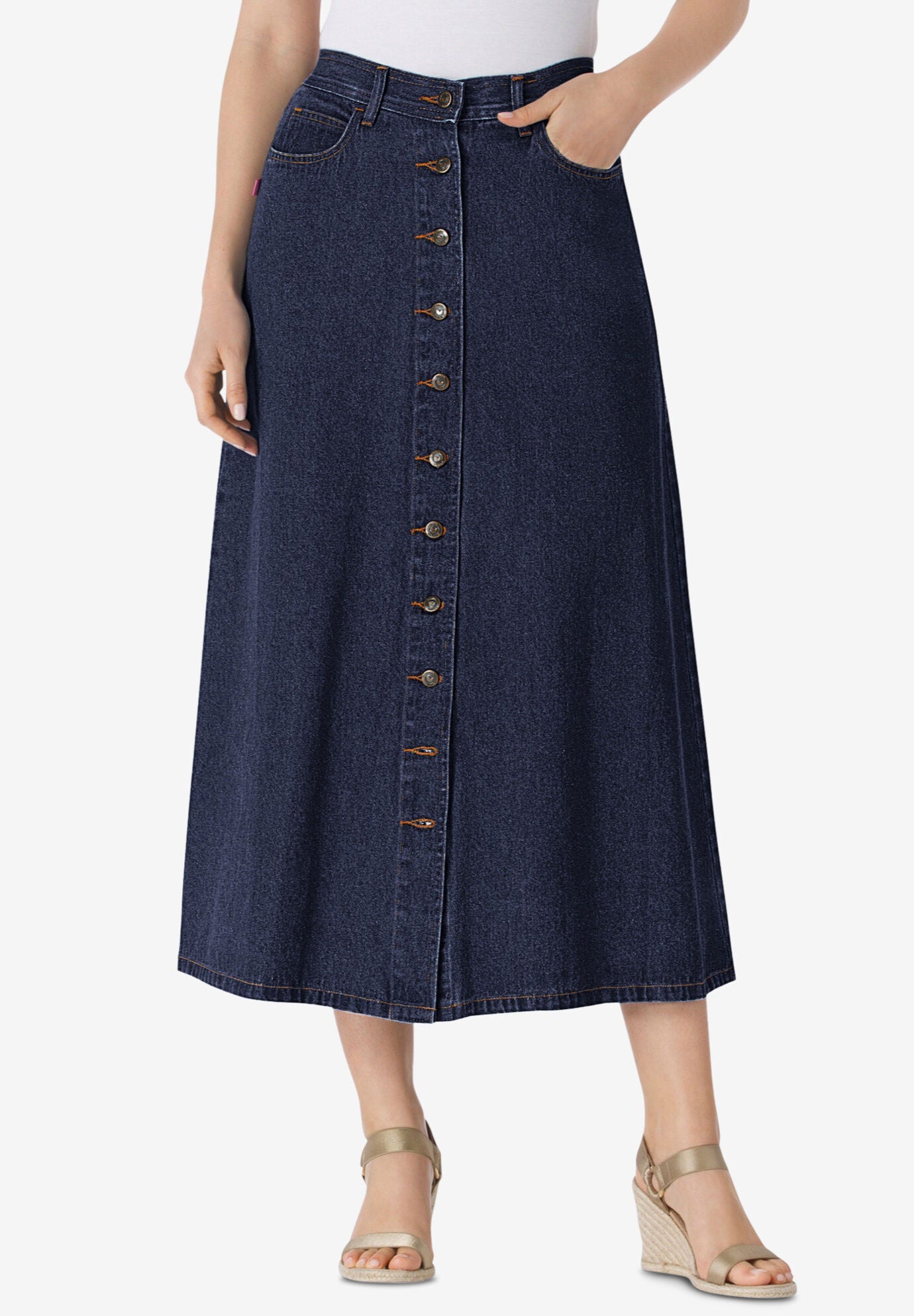 Perfect Side-Elastic All-Cotton Button Front Denim Jeans Skirt, , alternate image number 3