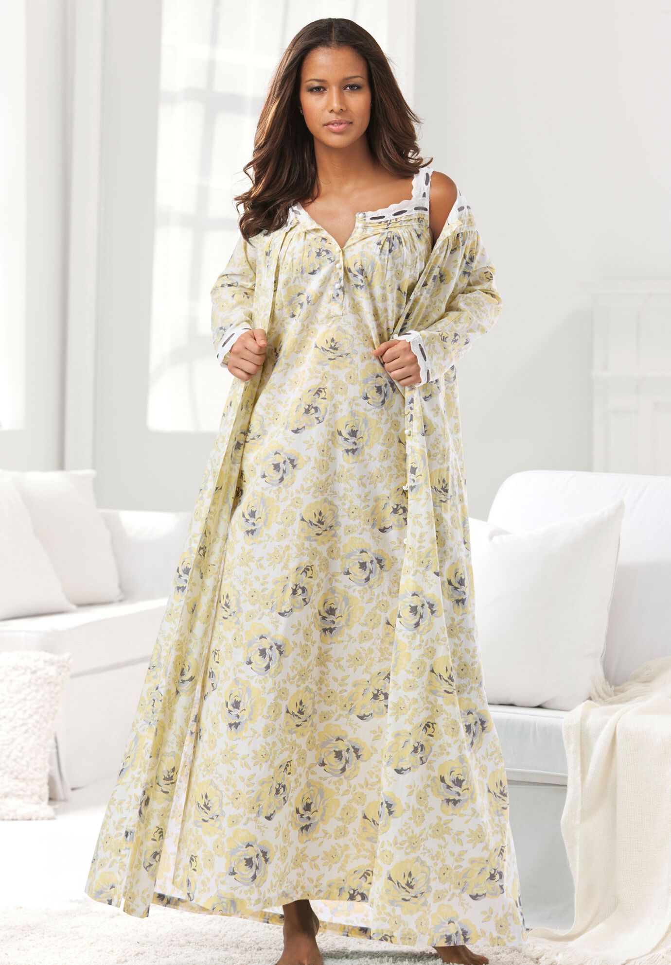 Long 2-Piece Cabbage-Rose Peignoir Set, , alternate image number 8