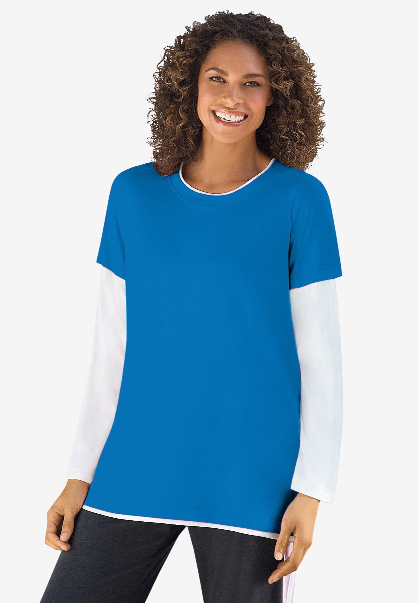 Layered-Look Crewneck Tee, BRIGHT COBALT, hi-res image number 0