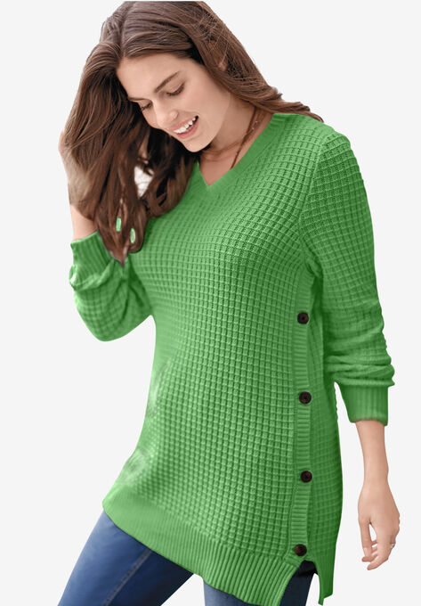 Side Button V-Neck Waffle Knit Sweater, PISTACHIO, hi-res image number null