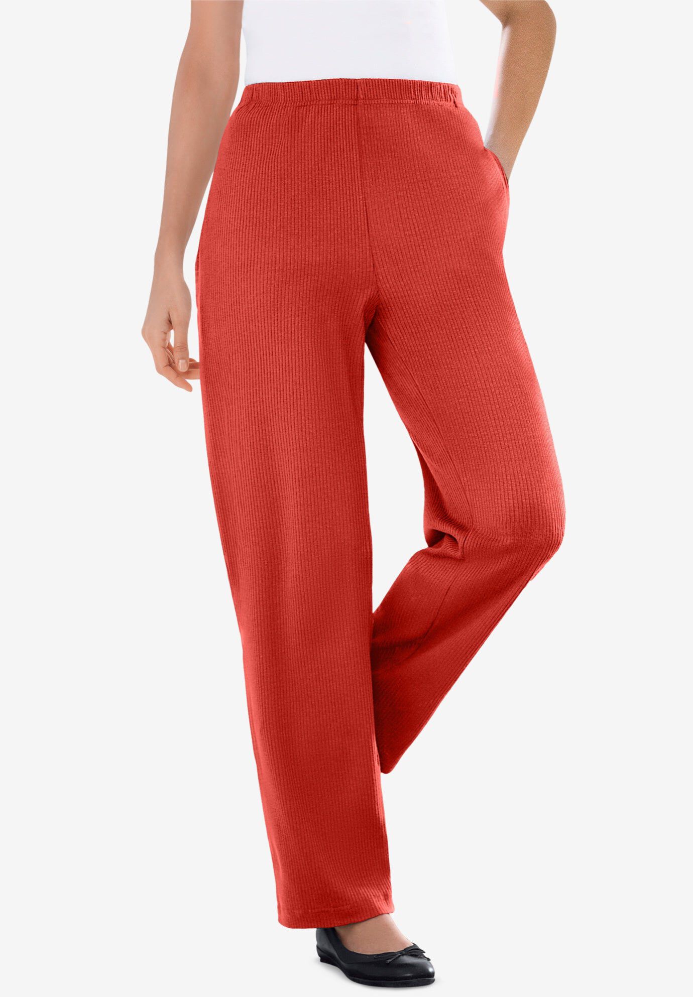 7-Day Knit Ribbed Straight-Leg Pull-On Pants, RED OCHRE, hi-res image number 0