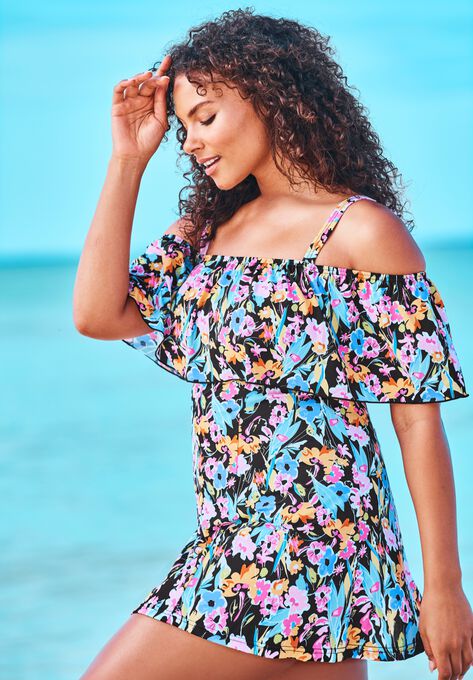 Off-The-Shoulder Flounce Swim Dress , , alternate image number null