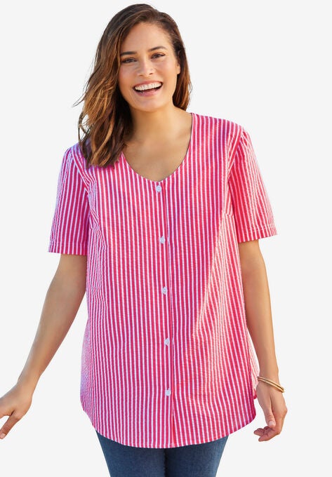 Seersucker V-Neck Shirt, RASPBERRY SORBET POP STRIPE, hi-res image number null