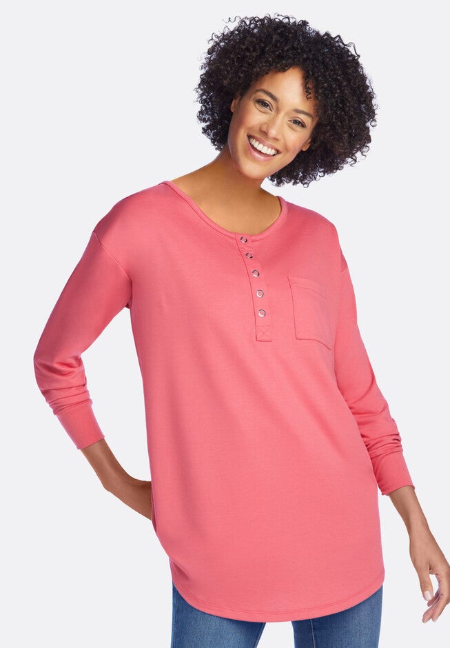 Long Sleeve Tunic Henley, ROSE PINK, hi-res image number 0
