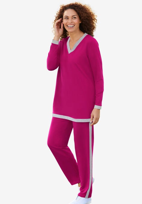 V-Neck Contrast Trim Fleece Set, RASPBERRY HEATHER GREY, hi-res image number null