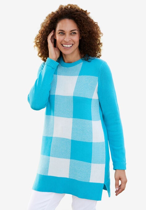 Buffalo Plaid Pullover Sweater, PRETTY TURQUOISE BUFFALO PLAID, hi-res image number null