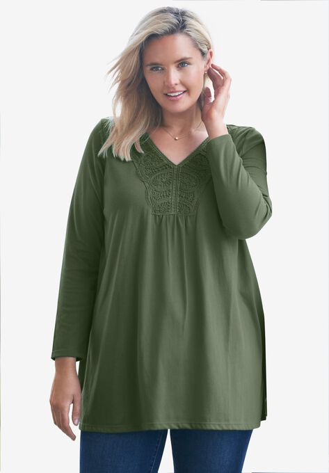 Crochet Trim Tunic, OLIVE GREEN, hi-res image number null