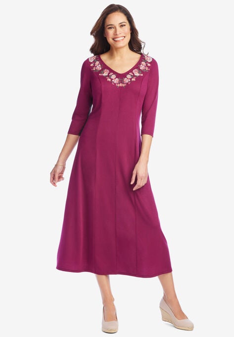 Rose Embroidered V-Neck Dress, DEEP CLARET ROSE EMBROIDERY, hi-res image number null