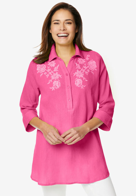Embroidered Gauze Tunic, RASPBERRY SORBET FLORAL EMBROIDERY, hi-res image number null