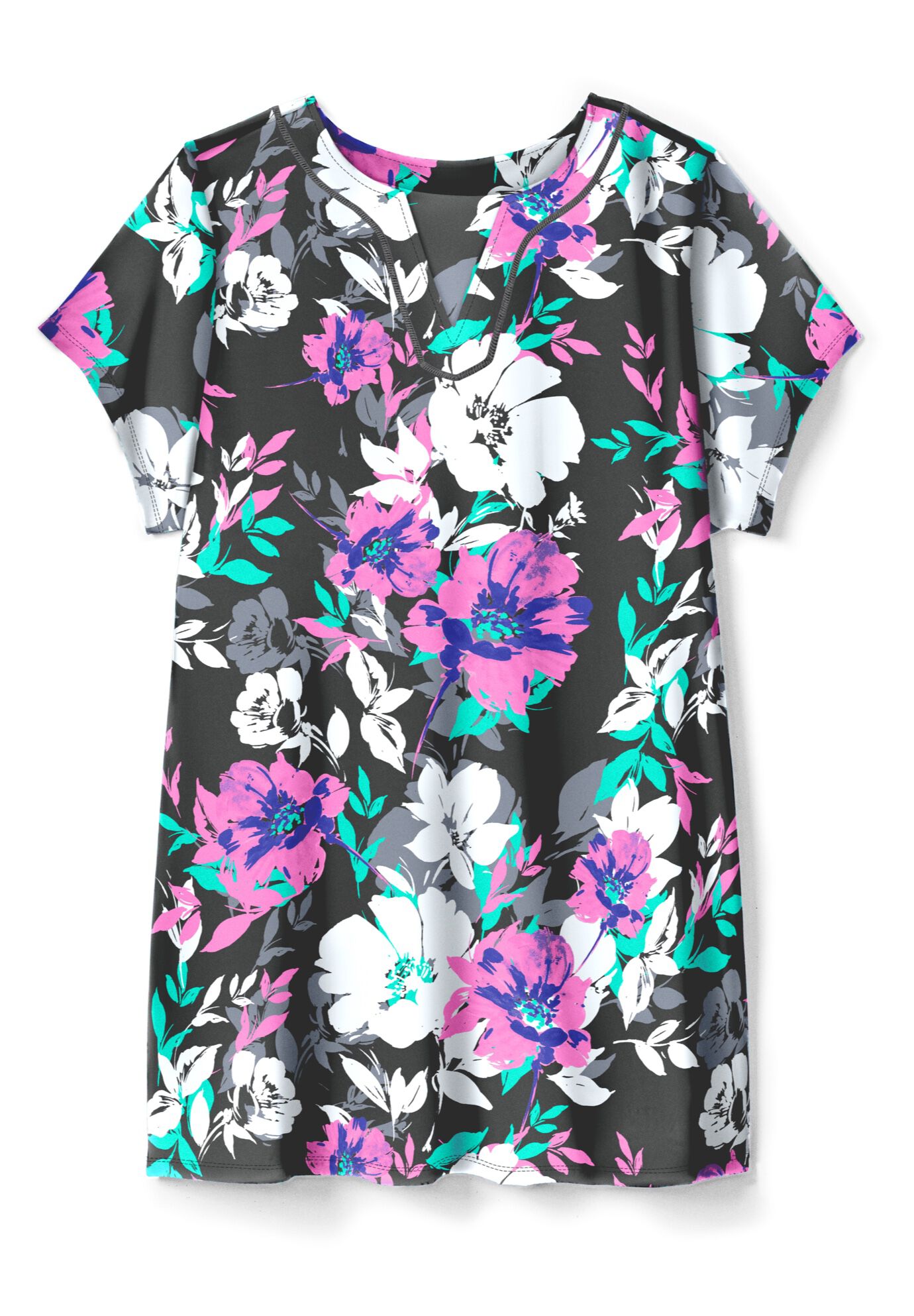 Longer Length Short-Sleeve Swim Tunic, PINK GRAPHIC PEONY, alternate image number 2