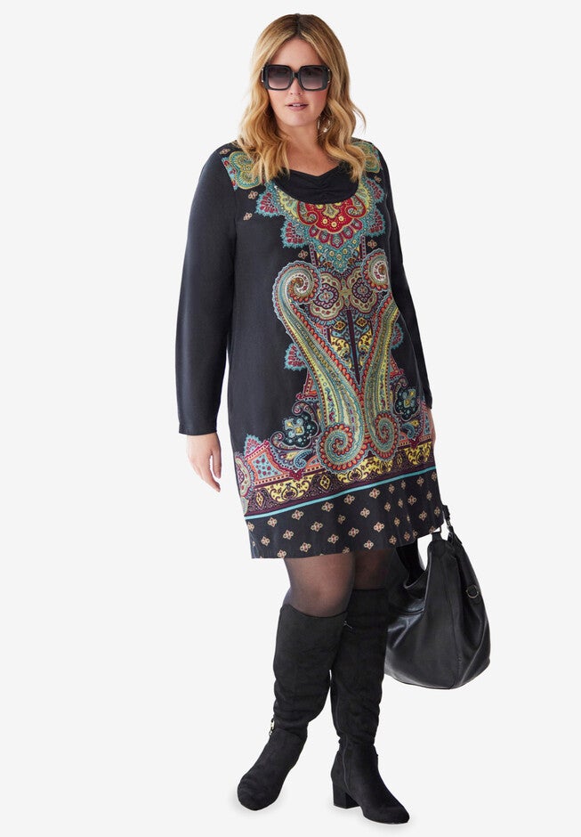 Scarf Print Layered Look Knit Dress, BLACK PAISLEY BORDER PRINT, hi-res image number 0