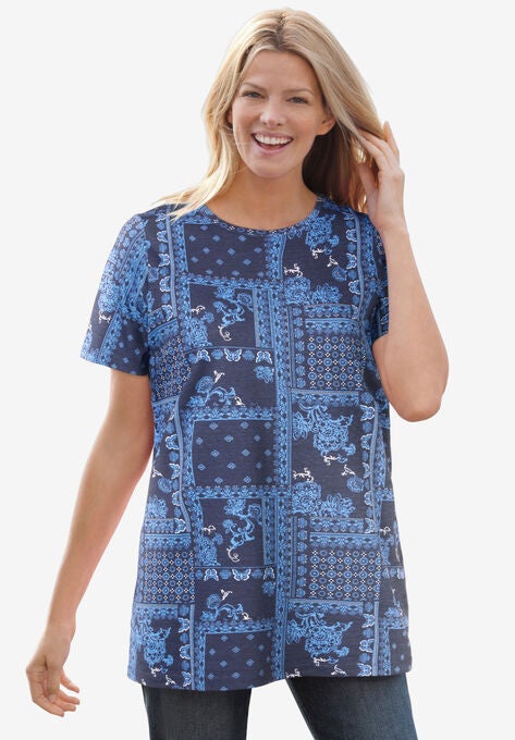 Perfect Printed Short-Sleeve Crewneck Tee, NAVY PATCHWORK BANDANA, hi-res image number null