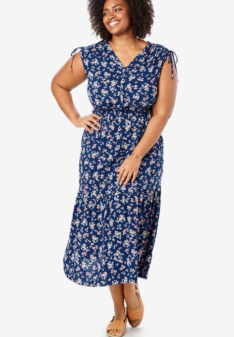 Ruched Sleeve Tiered Midi Dress Plus Size Casual Dresses Fullbeauty