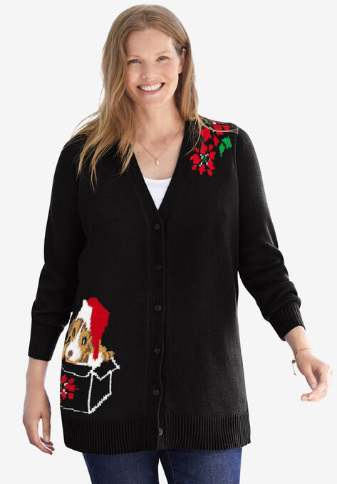 Holiday Cardigan, BLACK POINSETTIA PUPPY, hi-res image number null
