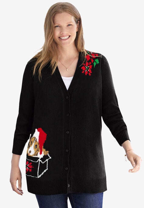 Holiday Cardigan, BLACK POINSETTIA PUPPY, hi-res image number null