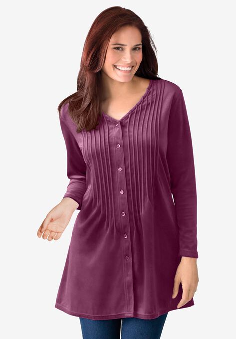 Knit velour tunic shirt in a comfortable A-line with pintucks, DEEP CLARET, hi-res image number null