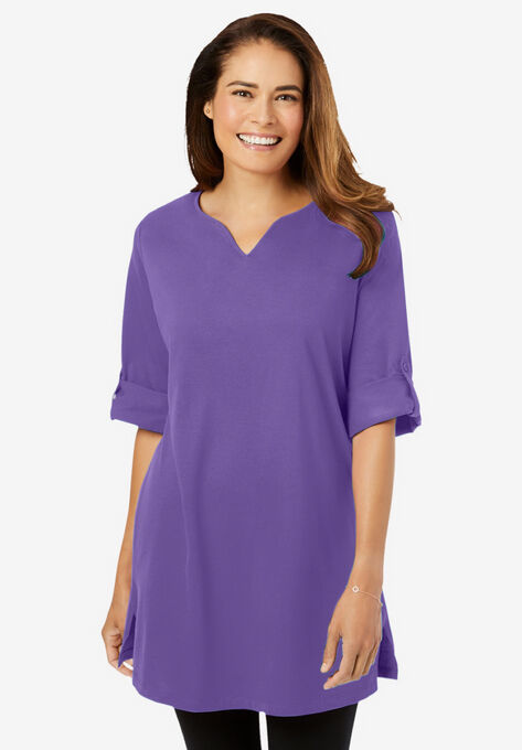 Perfect Roll-Tab-Sleeve Notch-Neck Tunic, PETAL PURPLE, hi-res image number null