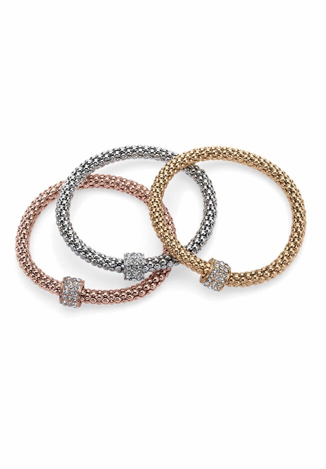 3-Piece Tritone Stretch Bracelet (5.5mm), Round Crystal in Goldtone, , on-hover image number 1