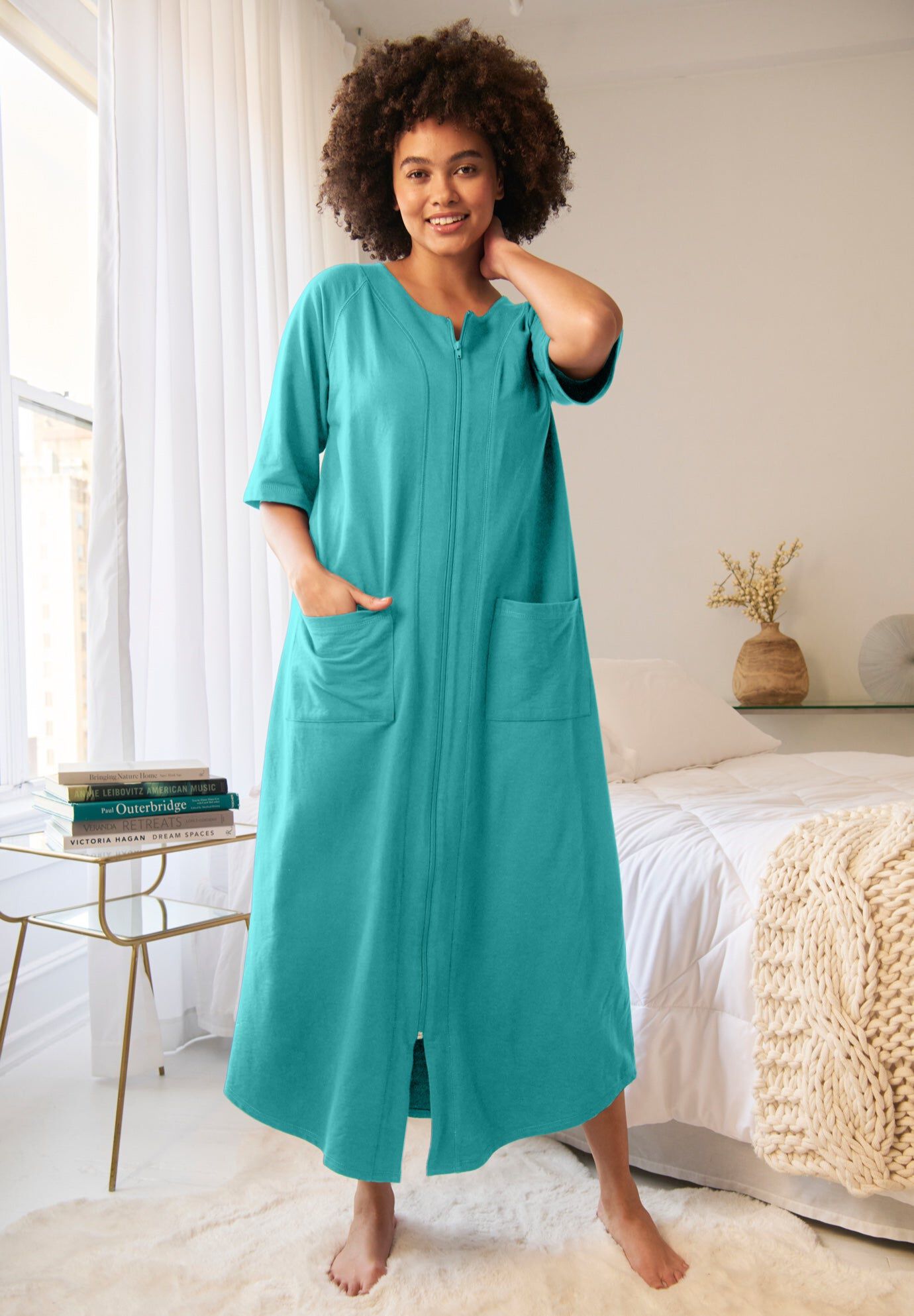 Long French Terry Zip-Front Robe, AQUAMARINE, hi-res image number 0