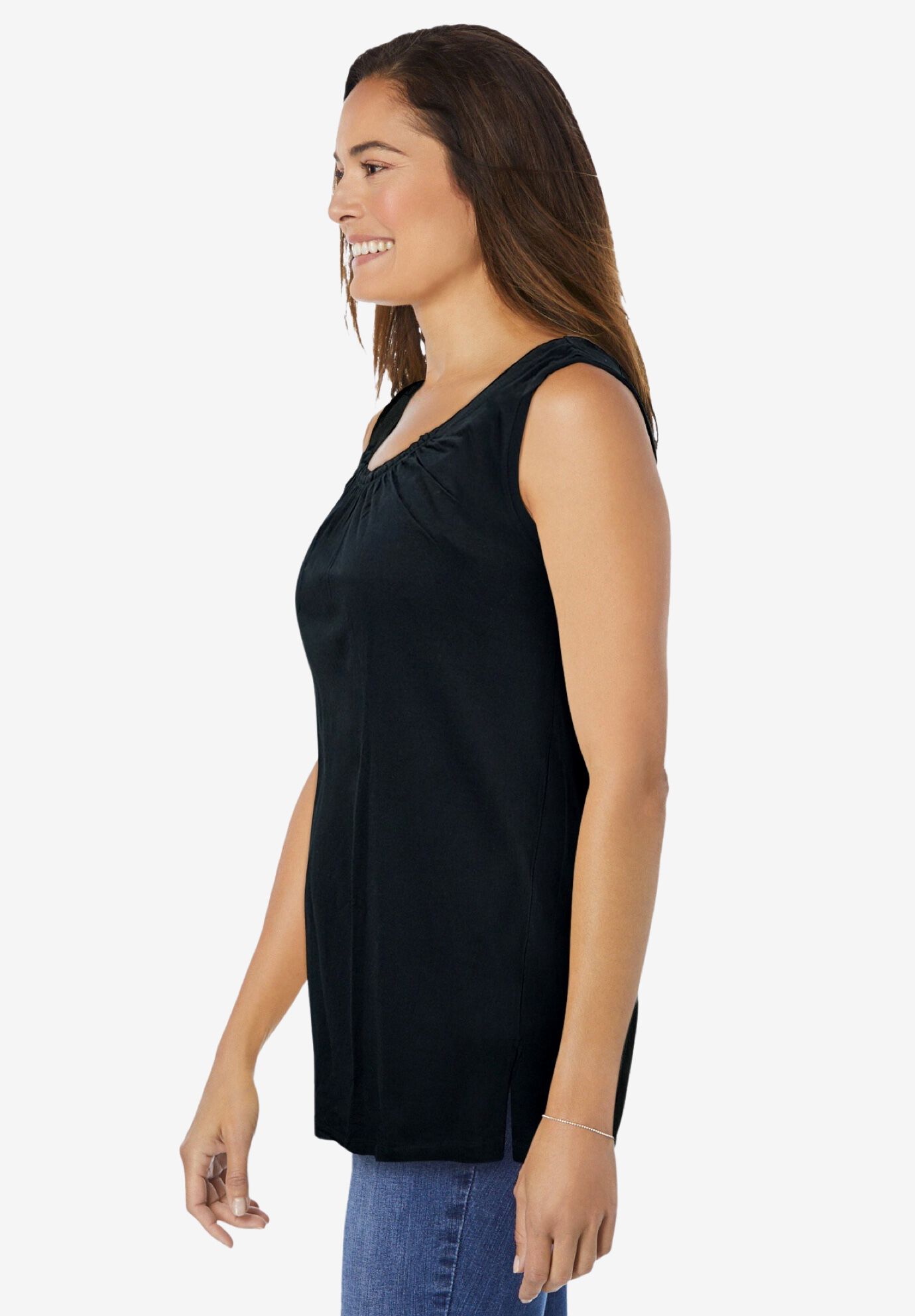 Perfect Sleeveless Shirred U-Neck Tunic, BLACK, alternate image number 2