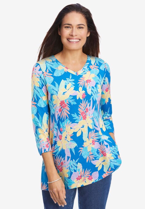 Perfect Printed Three-Quarter Sleeve V-Neck Tee, BRIGHT COBALT MULTI PRETTY TROPICANA, hi-res image number null