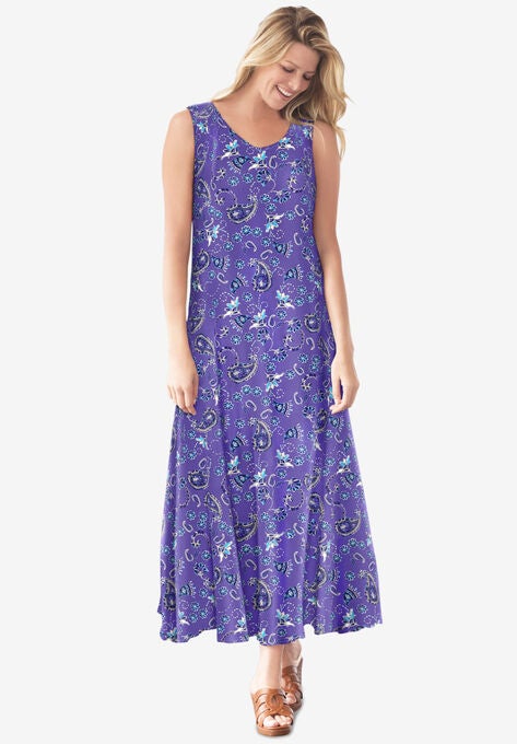 Sleeveless Crinkle A-Line Dress, TULIP PURPLE PAINTERLY FOLK, hi-res image number null