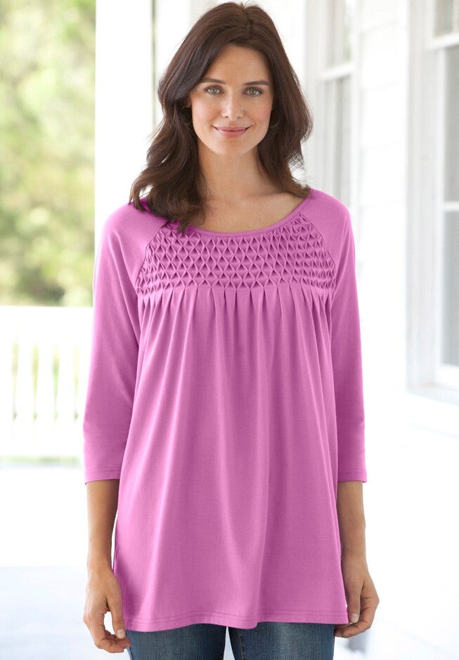 Three-Quarter Sleeve Smocked Tunic, , alternate image number null