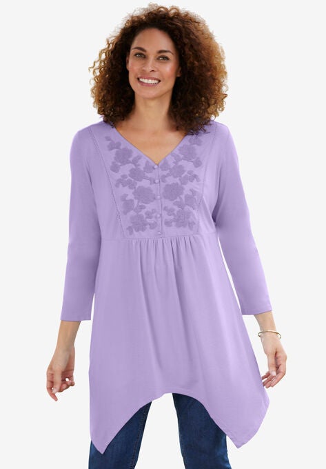 Three-Quarter Sleeve Bib Front Sharkbite Tunic, SOFT IRIS EMBROIDERY, hi-res image number null