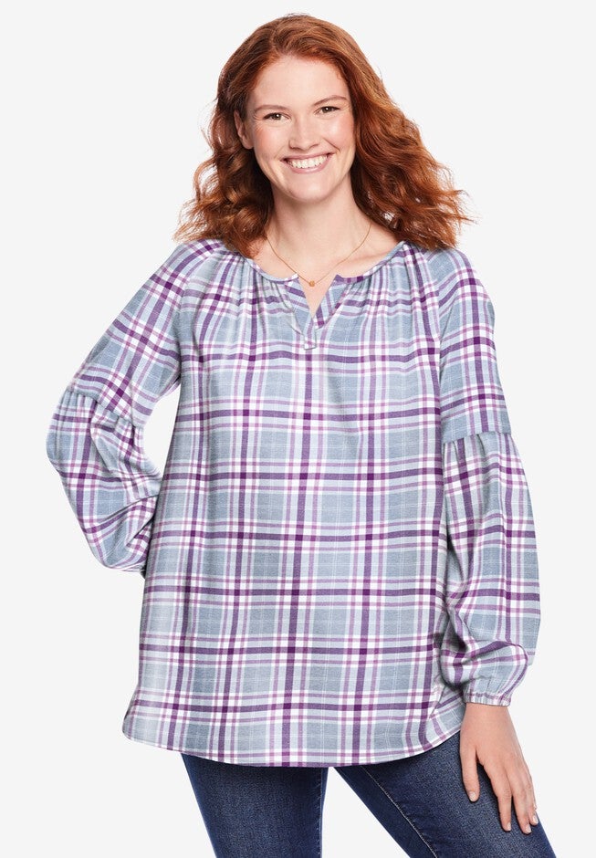 Split Neck Flannel Blouse, PLUM PURPLE PLAID, hi-res image number null