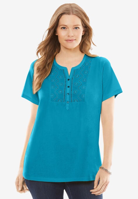 Eyelet Henley Tee, TURQ BLUE, hi-res image number null