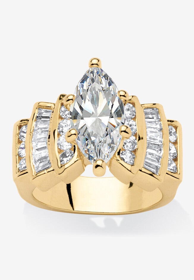 Gold-Plated Marquise Cut Step Top Engagement Ring Cubic Zirconia, GOLD, hi-res image number 0