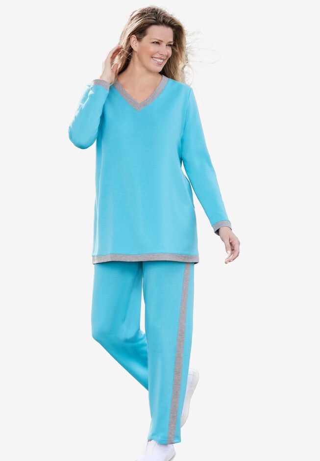 V-Neck Contrast Trim Fleece Set, PRETTY TURQUOISE MEDIUM HEATHER GREY, hi-res image number 0