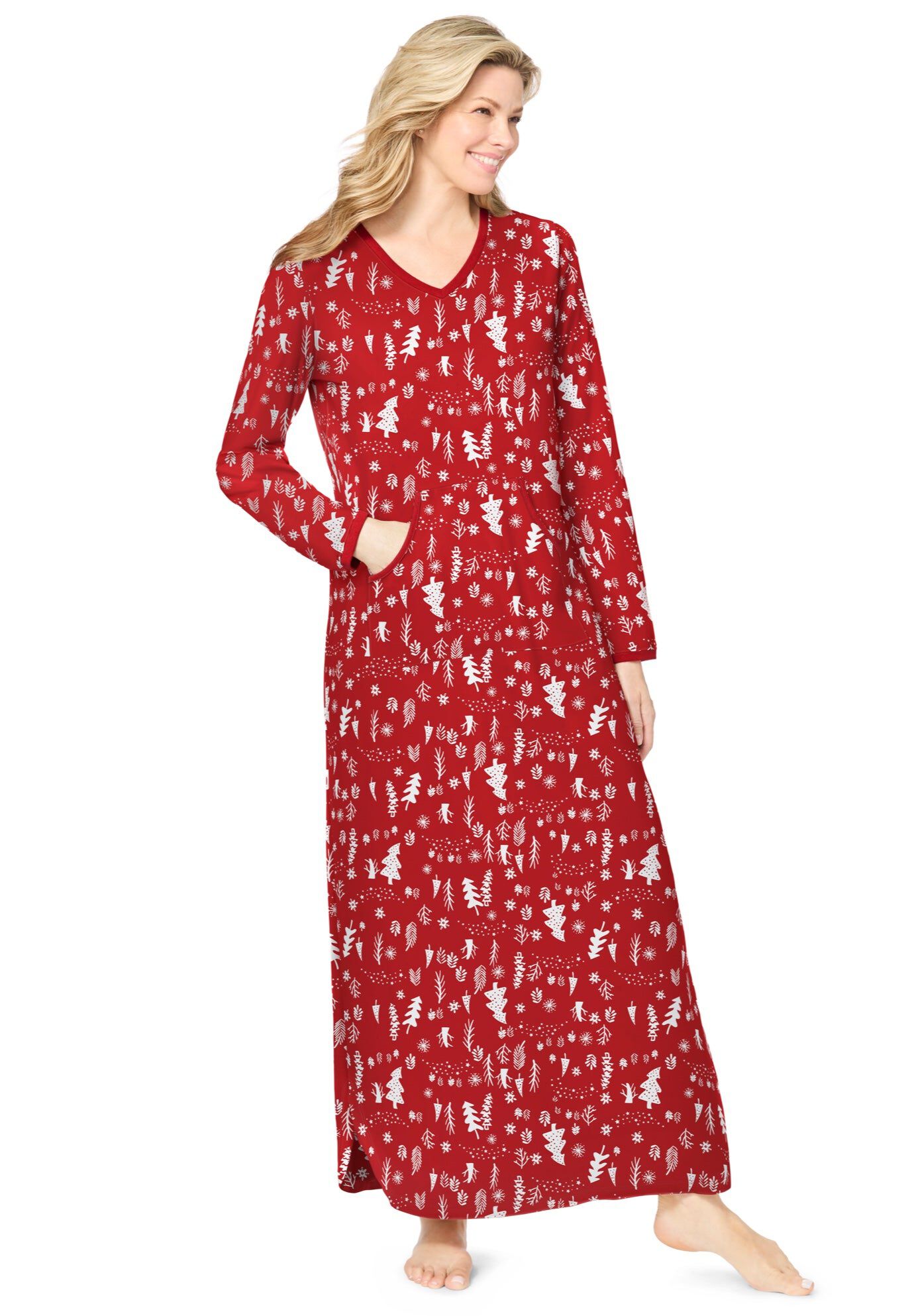 Long Printed Sleep Shirt , CLASSIC RED WINTER TREES, hi-res image number 0