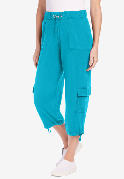 Pull-On Knit Cargo Capri, PRETTY TURQUOISE, hi-res image number null