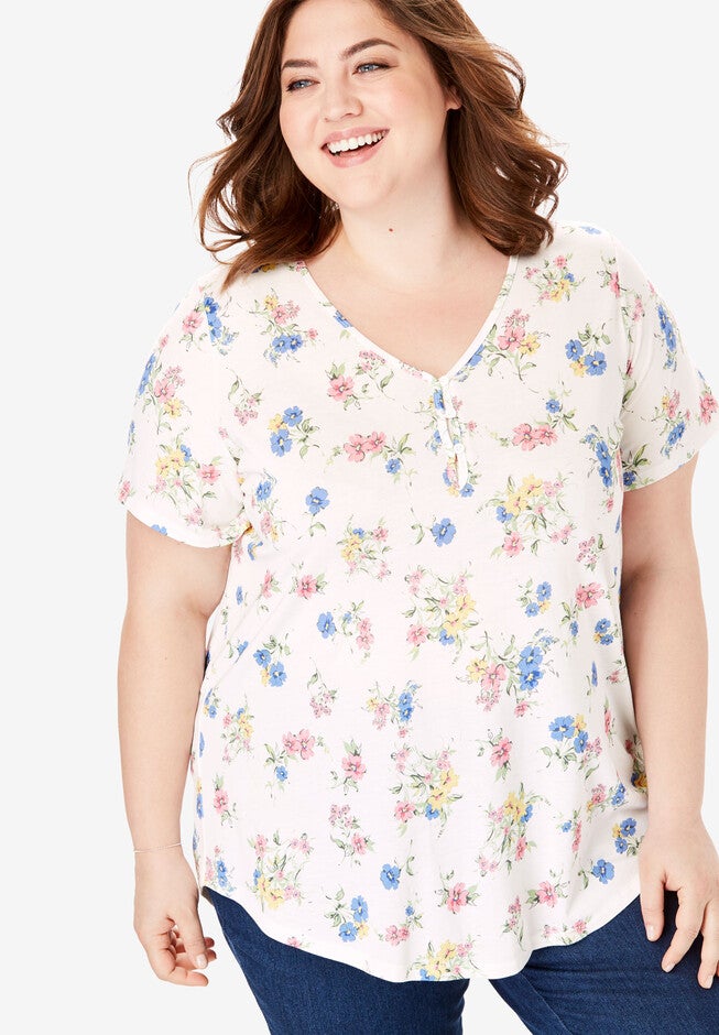 V-Neck Henley Tunic, WHITE FIELD BOUQUET, hi-res image number 0