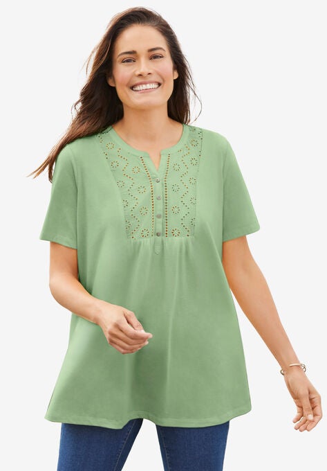 Eyelet Henley Tee, SAGE, hi-res image number null