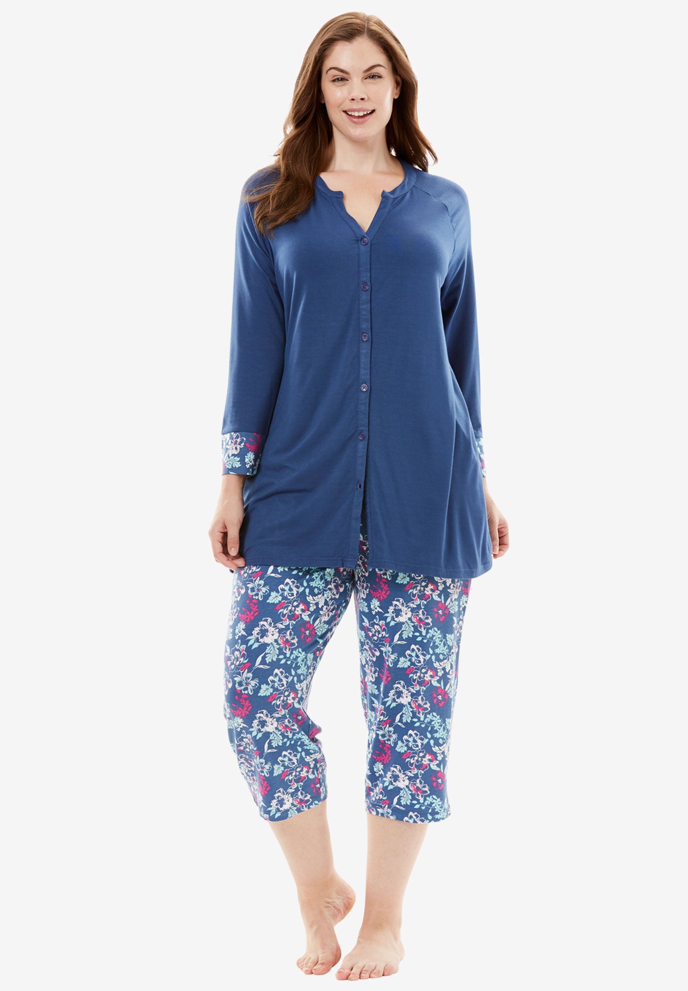 Downtime Henley PJ Set by Dreams & Co.&reg;, MULTI FLORAL, hi-res image number 0