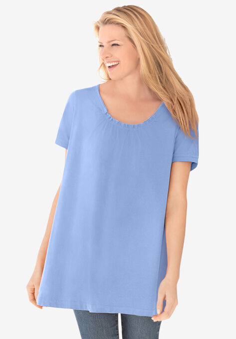 Perfect Short-Sleeve Shirred U-Neck Tunic, FRENCH BLUE, hi-res image number null