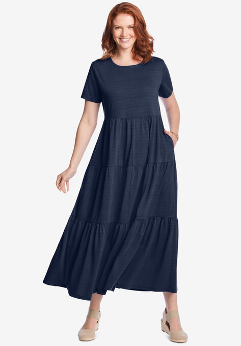 Short-Sleeve Tiered Dress, NAVY, hi-res image number null